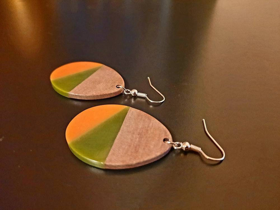 Orange-green, black-white, green-olive Wooden earrings in round shape with triangles, walnut wood, resin, handmade, earrings from Germany