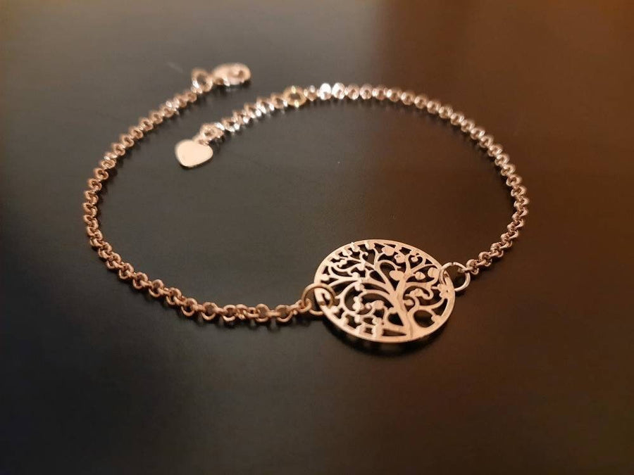 Golden bracelet, link chain with tree, tree of life, tree pendant, 14 cm with extension chain, new, Germany, handmade