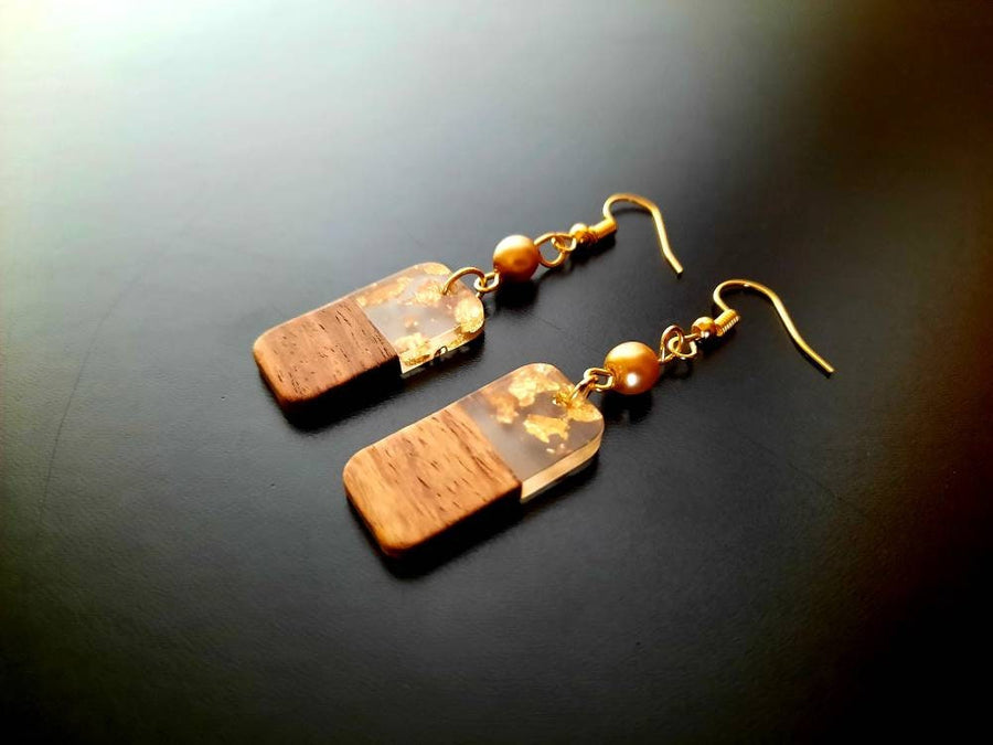 Gold-transparent wooden earrings, elongated square, walnut wood, resin and gold/silver foil, new, handmade earrings, Germany, 4 cm