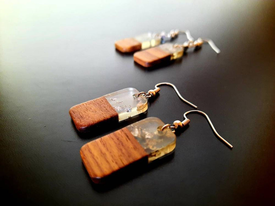 Gold-transparent wooden earrings, elongated square, walnut wood, resin and gold/silver foil, new, handmade earrings, Germany, 4 cm