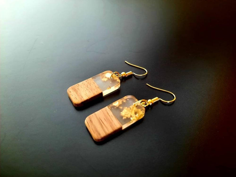 Gold-transparent wooden earrings, elongated square, walnut wood, resin and gold/silver foil, new, handmade earrings, Germany, 4 cm