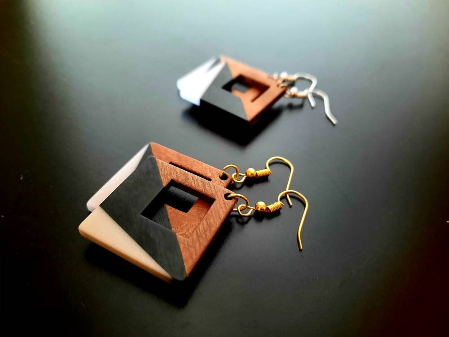 Black-grey, black-orange wooden earrings in square shape with hole and triangles, walnut wood, resin, handmade, Germany, 4 cm