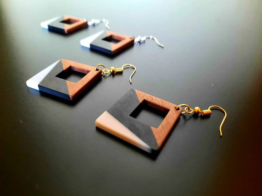 Black-grey, black-orange wooden earrings in square shape with hole and triangles, walnut wood, resin, handmade, Germany, 4 cm