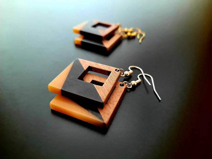 Black-grey, black-orange wooden earrings in square shape with hole and triangles, walnut wood, resin, handmade, Germany, 4 cm