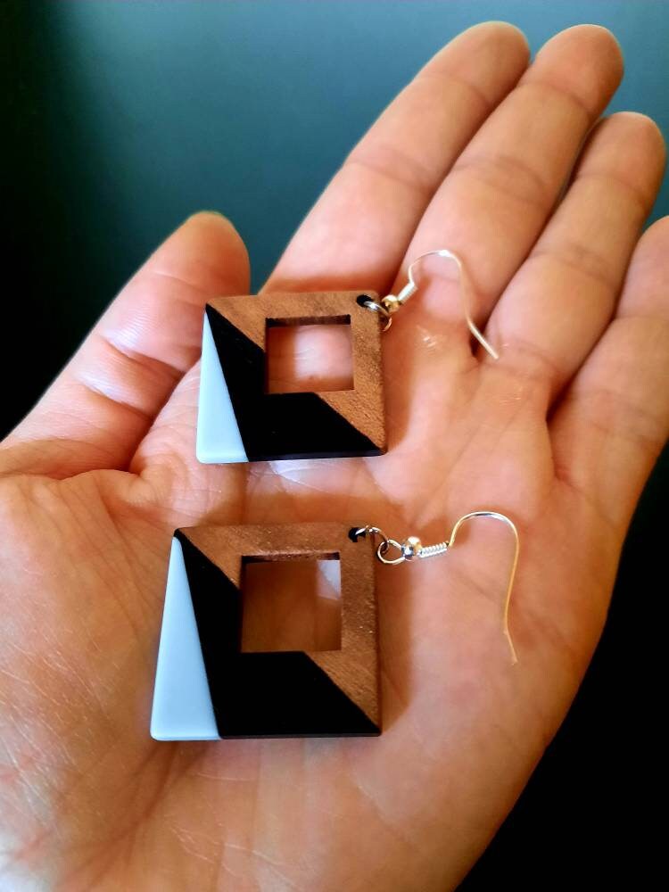 Black-grey, black-orange wooden earrings in square shape with hole and triangles, walnut wood, resin, handmade, Germany, 4 cm