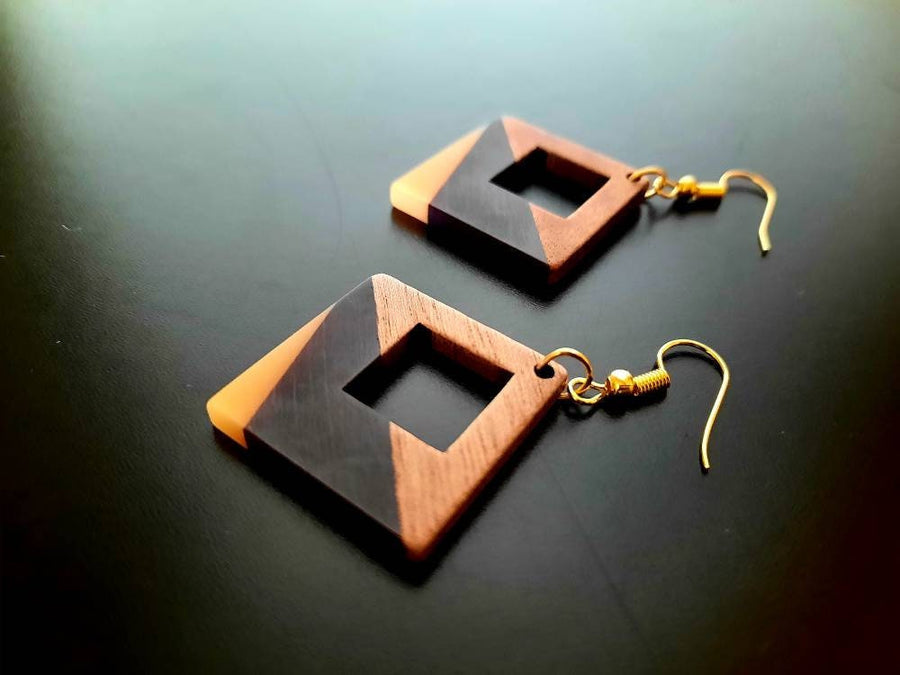 Black-orange, black-grey wooden earrings in square shape with hole and triangles, walnut wood, resin, handmade, Germany, 4 cm