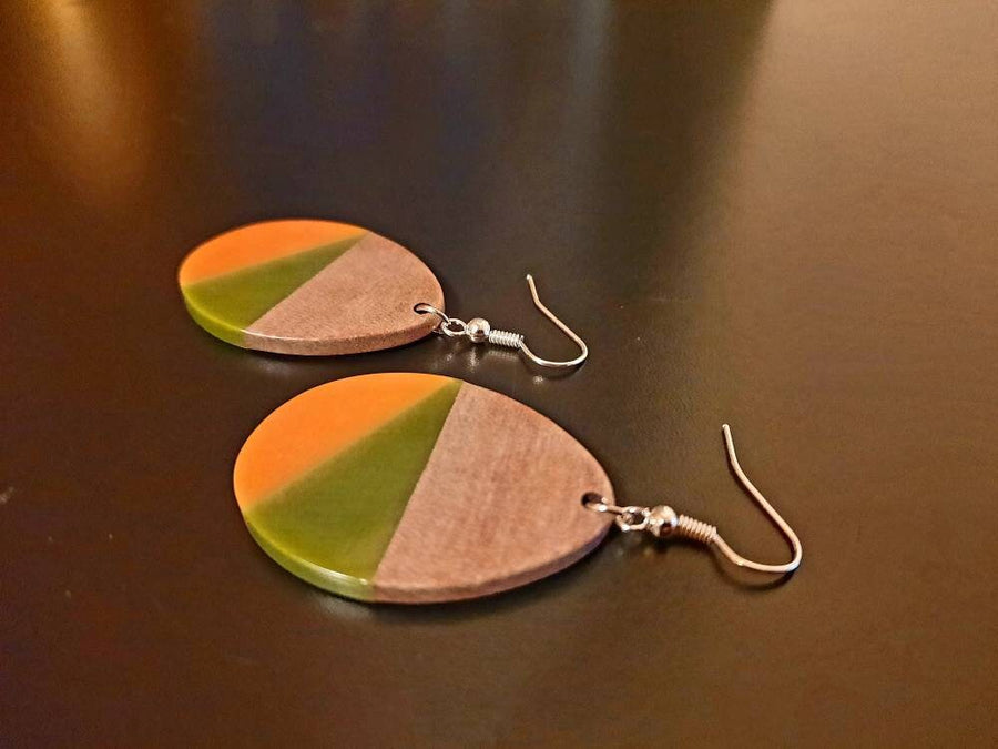 Black and white, green-olive, orange-green, wooden earrings in round shape with triangles, walnut wood, resin, new, handmade, Germany, 5 cm