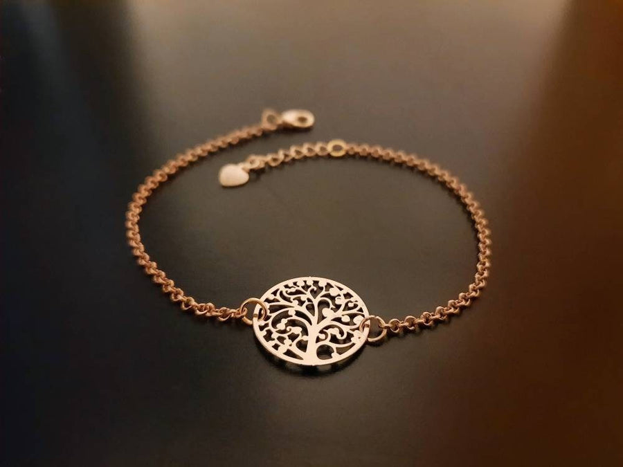 Golden bracelet, link chain with tree, tree of life, tree pendant, 14 cm with extension chain, new, Germany, handmade