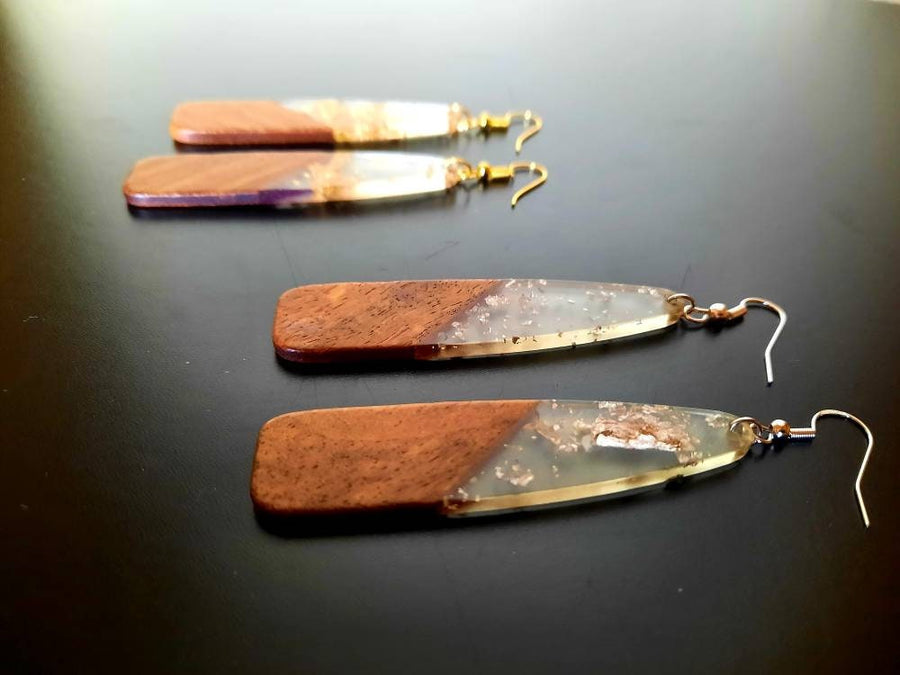 Rose/salmon-brown wooden earrings in the form of elongated tears, walnut wood and grey synthetic resin, handmade earrings from Germany, 8 cm