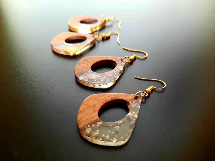 Silver transparent wooden earrings, elongated square, real walnut wood, resin and gold/silver foil, new, handmade, Germany, 4 cm