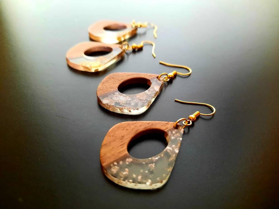 Gold-transparent wooden earrings, elongated square, walnut wood, resin and gold/silver foil, new, handmade earrings, Germany, 4 cm