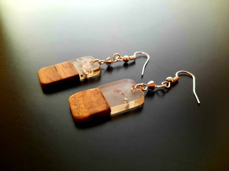 Gold-transparent wooden earrings, elongated square, walnut wood, resin and gold/silver foil, new, handmade earrings, Germany, 4 cm