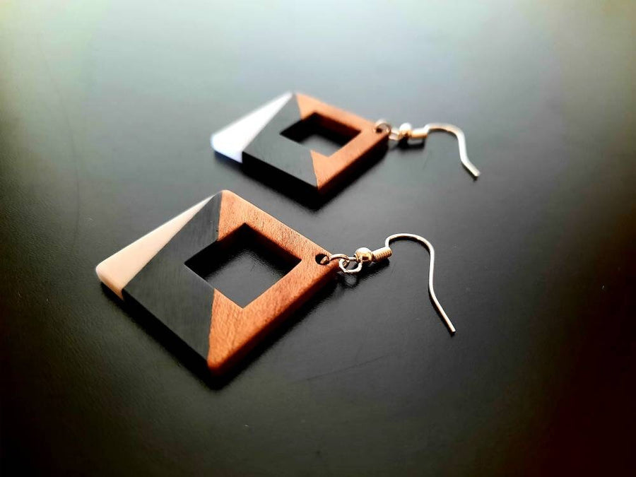 Black-grey, black-orange wooden earrings in square shape with hole and triangles, walnut wood, resin, handmade, Germany, 4 cm