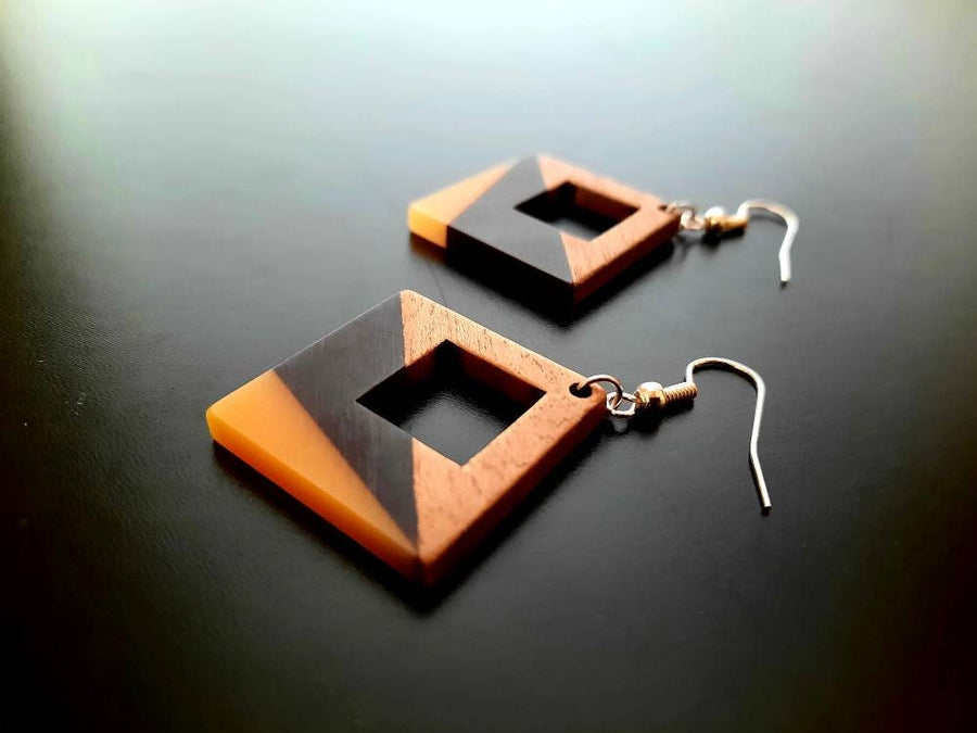 Black-orange, black-grey wooden earrings in square shape with hole and triangles, walnut wood, resin, handmade, Germany, 4 cm