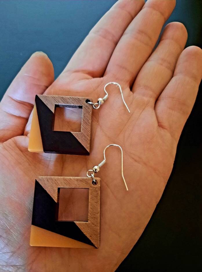 Black-grey, black-orange wooden earrings in square shape with hole and triangles, walnut wood, resin, handmade, Germany, 4 cm