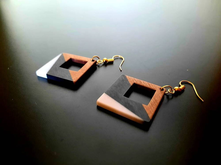 Black-grey, black-orange wooden earrings in square shape with hole and triangles, walnut wood, resin, handmade, Germany, 4 cm