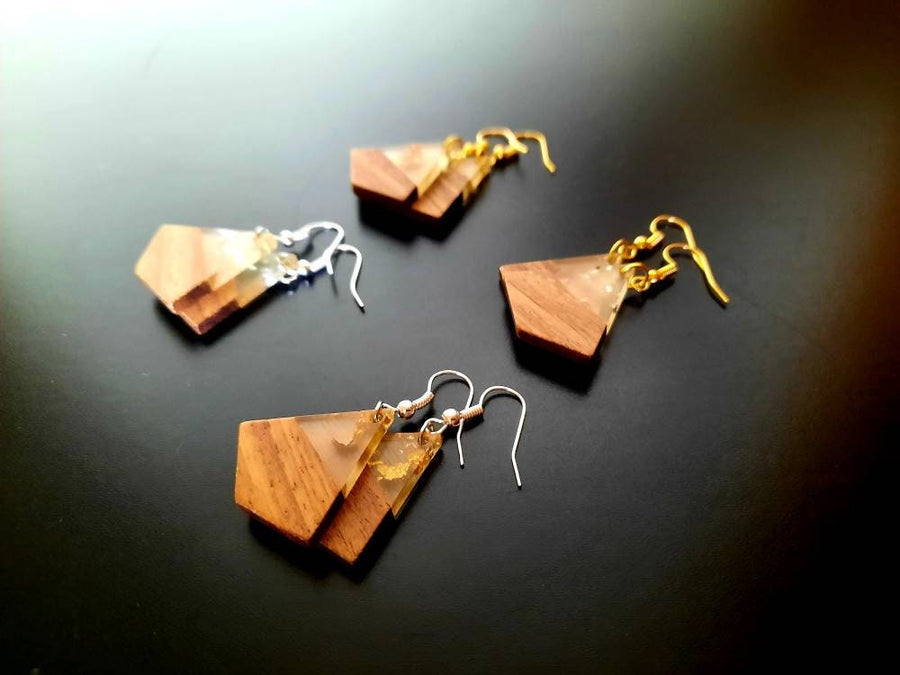 Gold-transparent wooden earrings, shape of dragon squares, walnut wood, resin and gold foil, new handmade earrings, Germany, 4 cm