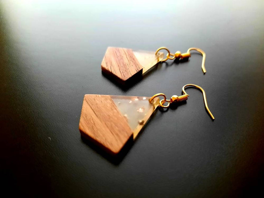 Gold-transparent wooden earrings, shape of dragon squares, walnut wood, resin and gold foil, new handmade earrings, Germany, 4 cm