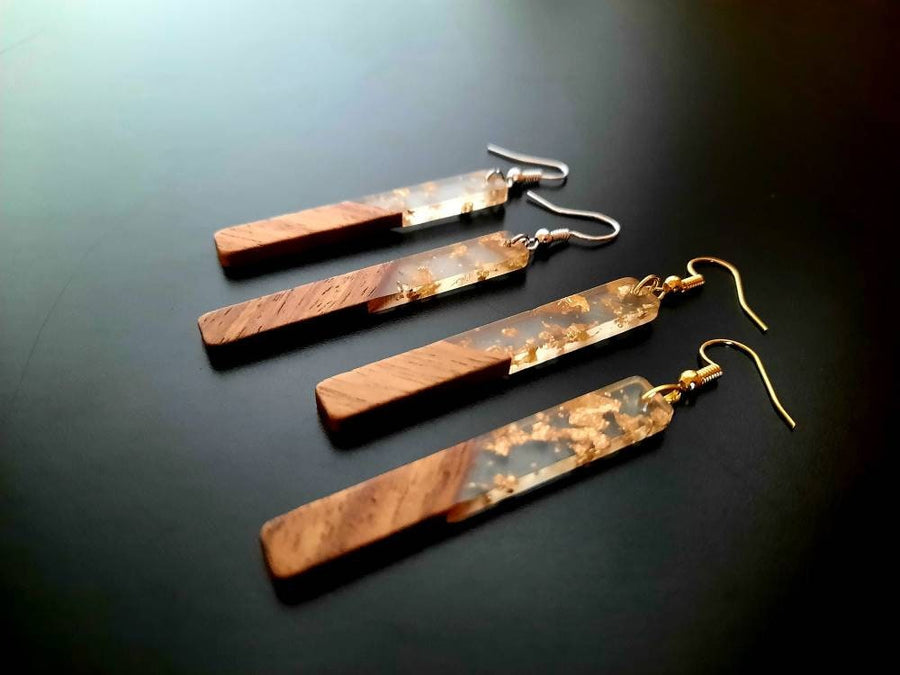 Yellow-brown wooden earrings in the form of long sticks, made of walnut wood and yellow synthetic resin, handmade earrings, Germany, 7 cm, new