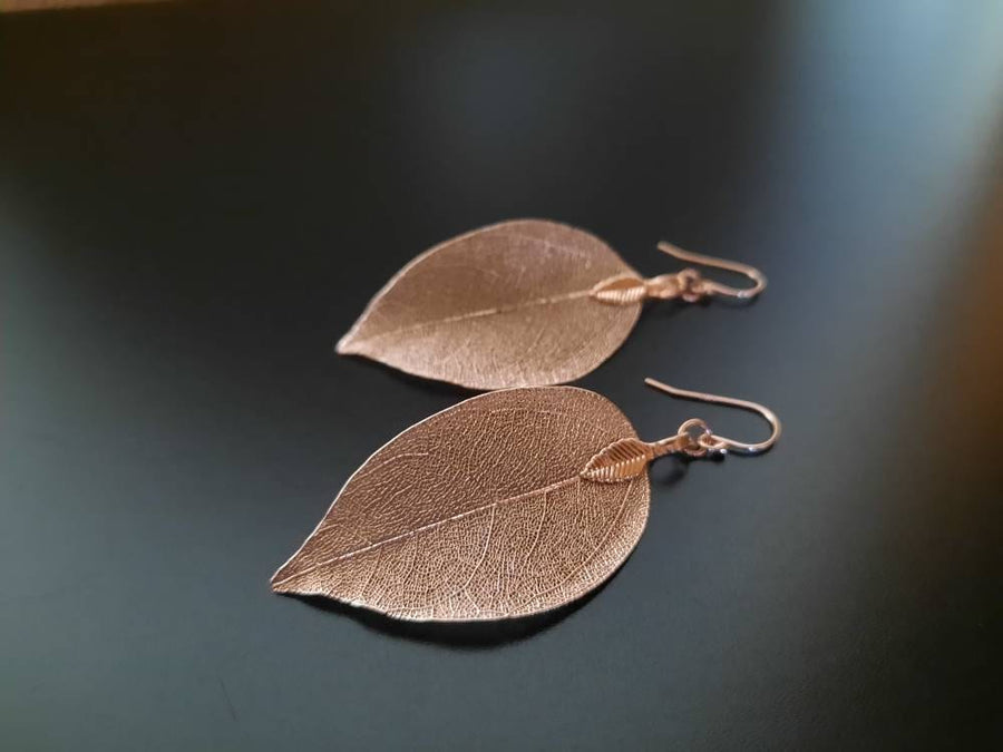 Rose gold jewelry set, leaf earrings and necklace, real leaves in rose gold gold-plated, hanging earrings and necklace with filigree leaves