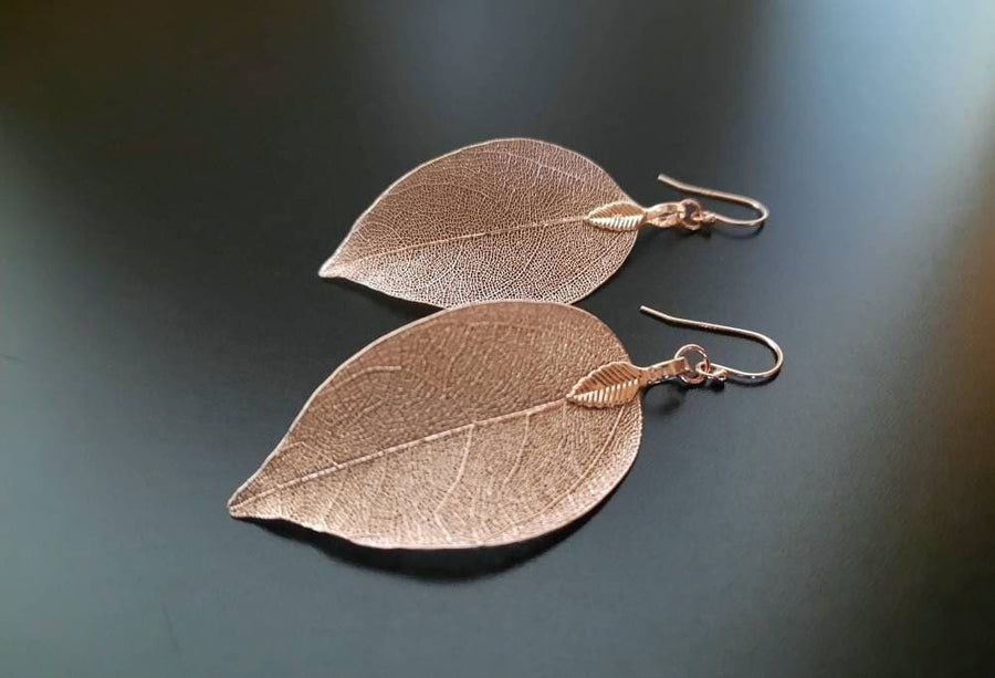 Rose gold jewelry set, leaf earrings and necklace, real leaves in rose gold gold-plated, hanging earrings and necklace with filigree leaves