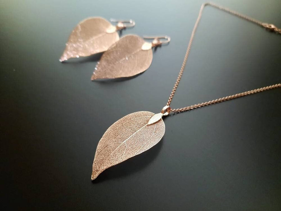 Rose gold jewelry set, leaf earrings and necklace, real leaves in rose gold gold-plated, hanging earrings and necklace with filigree leaves