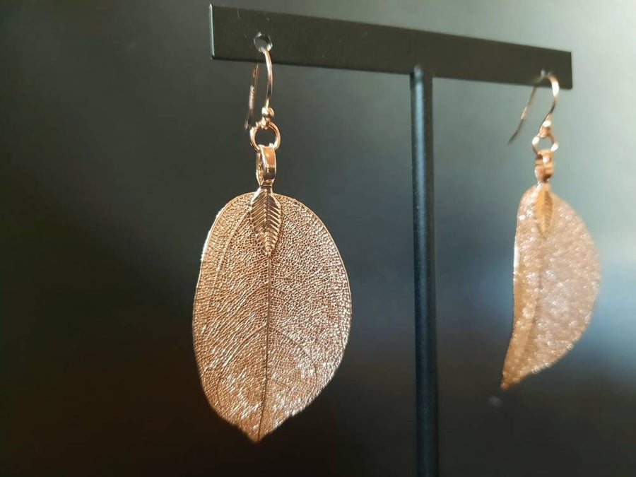 Rose gold jewelry set, leaf earrings and necklace, real leaves in rose gold gold-plated, hanging earrings and necklace with filigree leaves