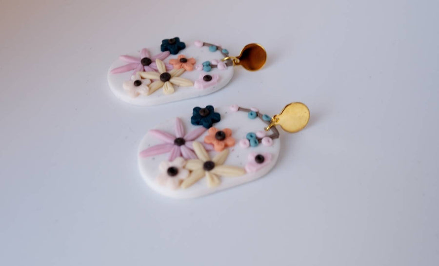 White polymerclay earrings with colorful flowers (orange, blue, pink) and golden studs, handmade, Germany, 6 cm, creamy white