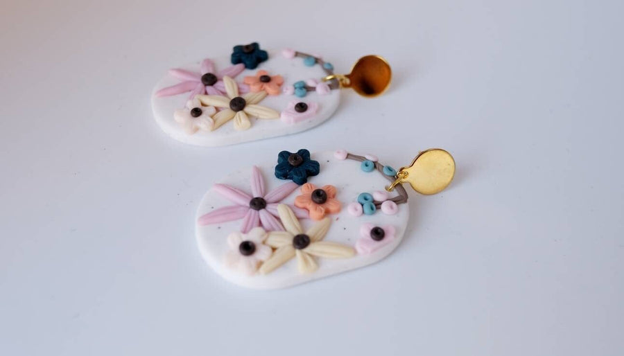 White polymerclay earrings with colorful flowers (orange, blue, pink) and golden studs, handmade, Germany, 6 cm, creamy white