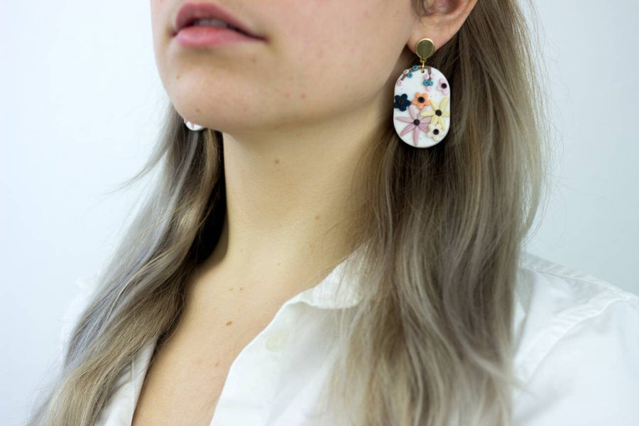 White polymerclay earrings with colorful flowers (orange, blue, pink) and golden studs, handmade, Germany, 6 cm, creamy white