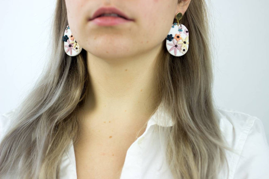 White polymerclay earrings with colorful flowers (orange, blue, pink) and golden studs, handmade, Germany, 6 cm, creamy white