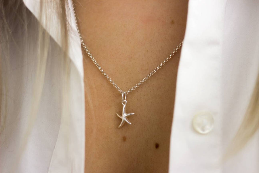 Minimalist necklace, silver starfish, real silver, 925 sterling silver, starfish, silver link chain with extension chain