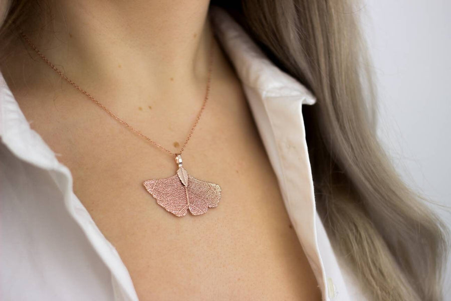 Rose gold jewelry set, genuine ginkgo leaves, necklace, earrings with filigree leaves, rose gold, Germany, handmade, gingko leaf