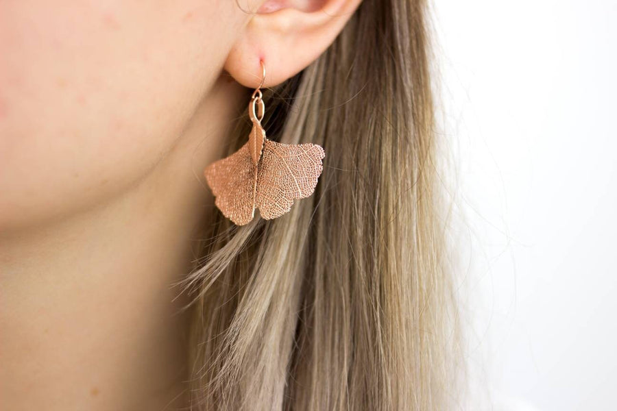 Rose gold jewelry set, genuine ginkgo leaves, necklace, earrings with filigree leaves, rose gold, Germany, handmade, gingko leaf