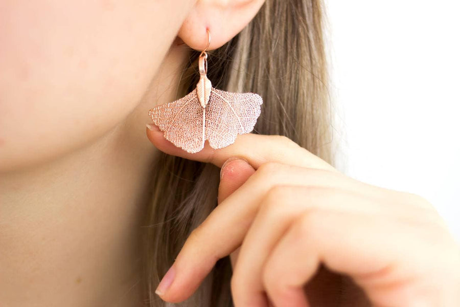 Rose gold jewelry set, genuine ginkgo leaves, necklace, earrings with filigree leaves, rose gold, Germany, handmade, gingko leaf