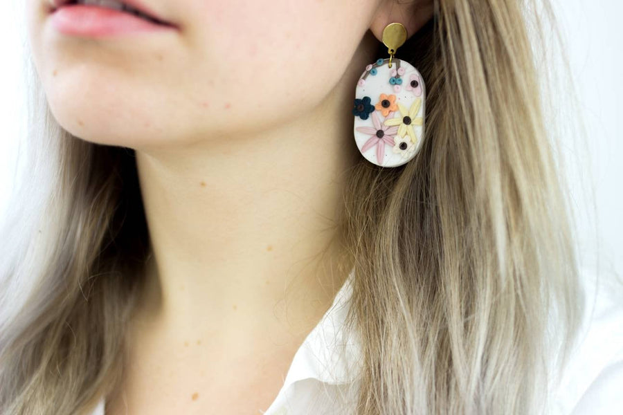 White polymerclay earrings with colorful flowers (orange, blue, pink) and golden studs, handmade, Germany, 6 cm, creamy white