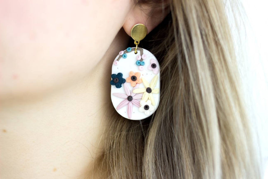 White polymerclay earrings with colorful flowers (orange, blue, pink) and golden studs, handmade, Germany, 6 cm, creamy white