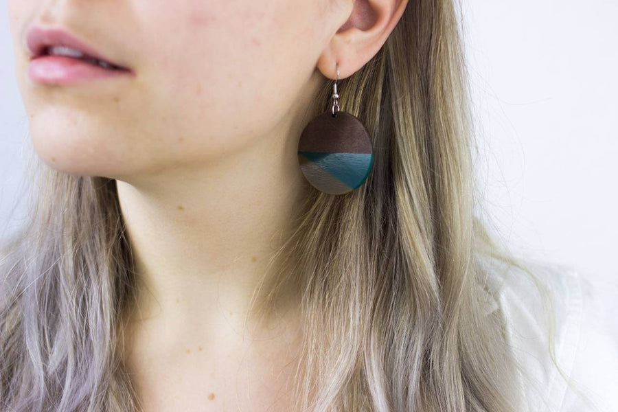 Orange-green, black-white, green-olive Wooden earrings in round shape with triangles, walnut wood, resin, handmade, earrings from Germany