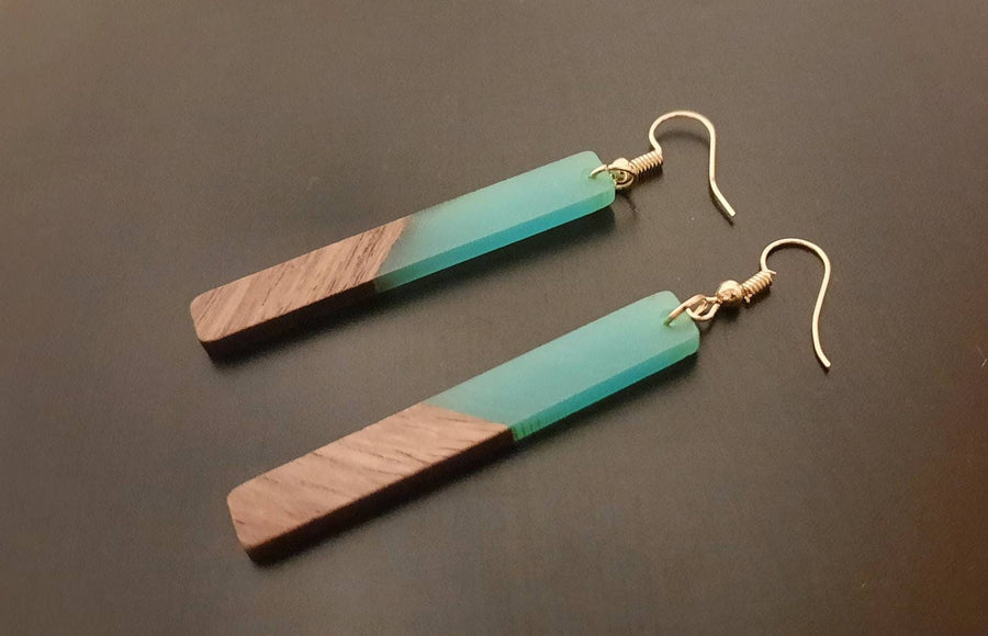 Frosted glass/ light grey-brown wooden earrings in the form of long rods, made of walnut wood, synthetic resin, handmade earrings, Germany, 7 cm