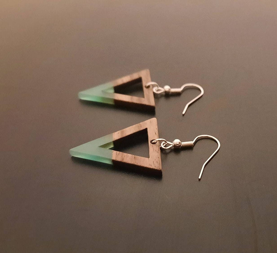 Turquoise-light blue wooden earrings, shape of triangles with hole, walnut wood and resin, new, handmade earrings from Germany, 4 cm, blue