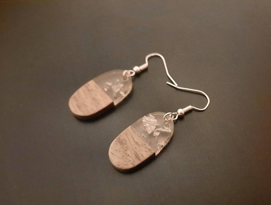 Silver-transparent wooden earrings with silver foil, walnut wood and synthetic resin, hanging earrings, earrings, Germany, 3 cm, handmade, unique