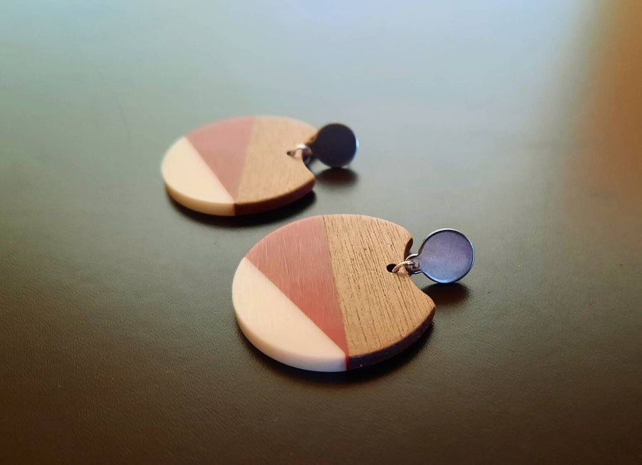 Red and white wooden earrings/ studs, walnut wood circles with triangles, dyed synthetic resin, handmade, earrings from Germany, 6 cm