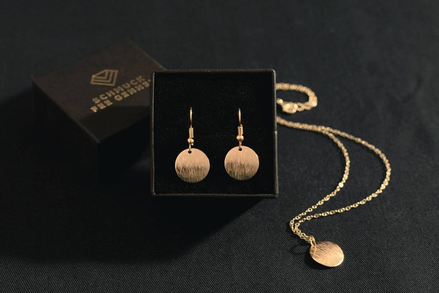 Jewelry set gold plates, earrings and necklace with minimalist plate, gold-plated jewelry with brushed circle in yellow gold, new