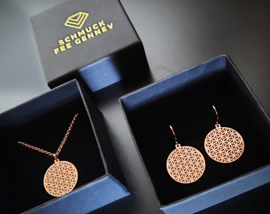 Jewelry Set Flower of Life rose gold, Hette and earrings in rose gold gilded, rose golden flower of life flattined, handmade Germany