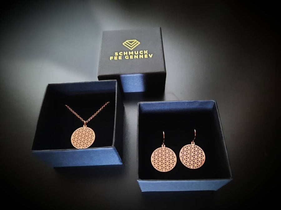 Jewelry Set Flower of Life rose gold, Hette and earrings in rose gold gilded, rose golden flower of life flattined, handmade Germany