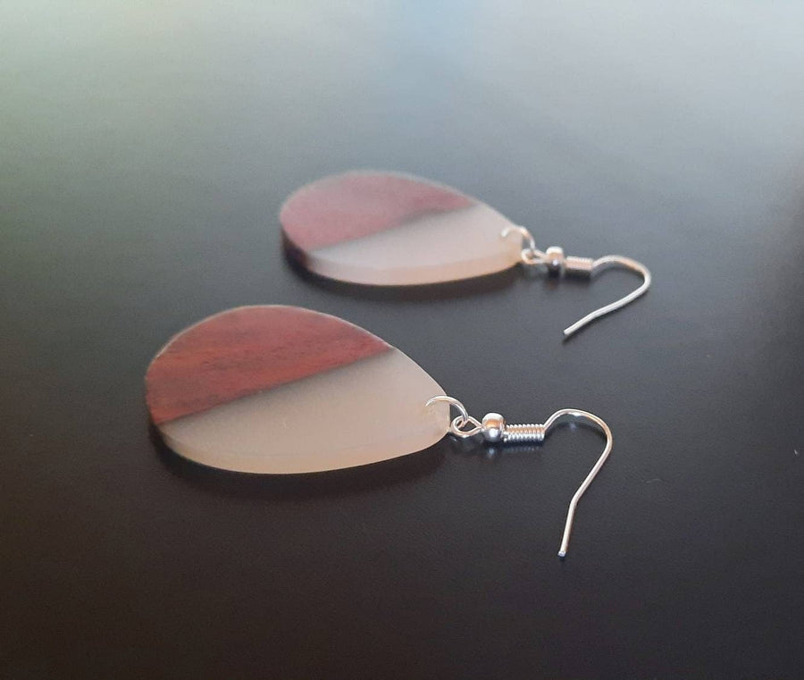 Frosted glass dark brown wooden earrings, teardrop-shaped, walnut wood, synthetic resin and real wood, new, handmade earrings, Germany, 6 cm