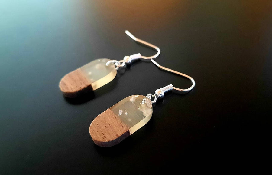 Silver wooden earrings, oval hanging earrings made of real walnut wood, synthetic resin and silver foil, handmade earrings from Germany, 3 cm