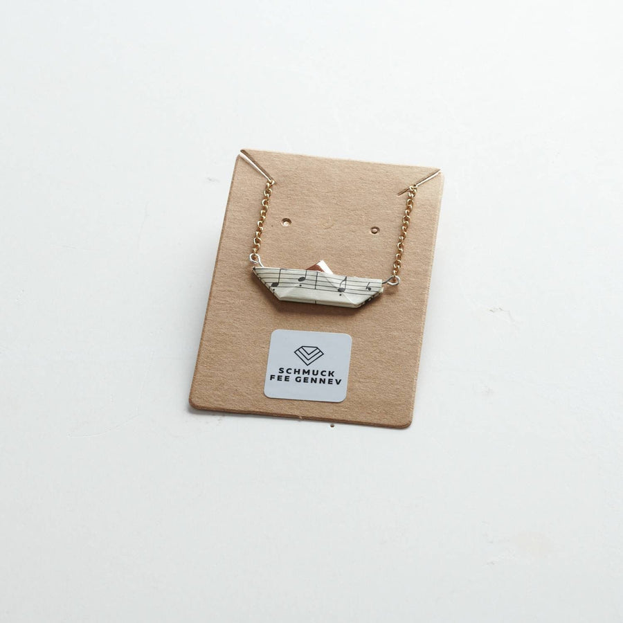 Chaîne avec pendentif en papier à musique blanc, bateau en papier, collier de couleur bronze / or / argent, bateau en papier plié à la main en vieux papier recyclé