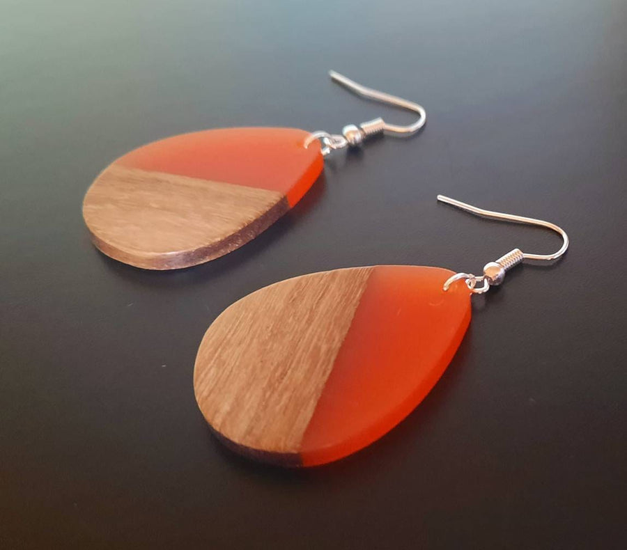 Transparent-yellow wooden earrings, teardrop-shaped made of walnut wood, synthetic resin and real wood, handmade earrings from Germany, 5 cm, yellow