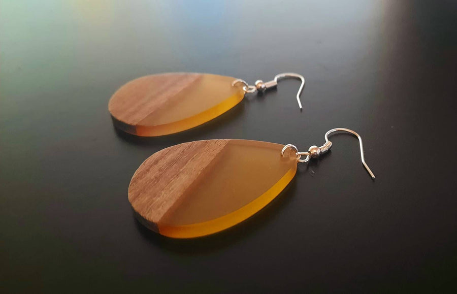 Bright yellow wooden earrings, teardrop-shaped made of walnut wood, yellow synthetic resin, real wood, handmade, yellow earrings from Germany, 6 cm